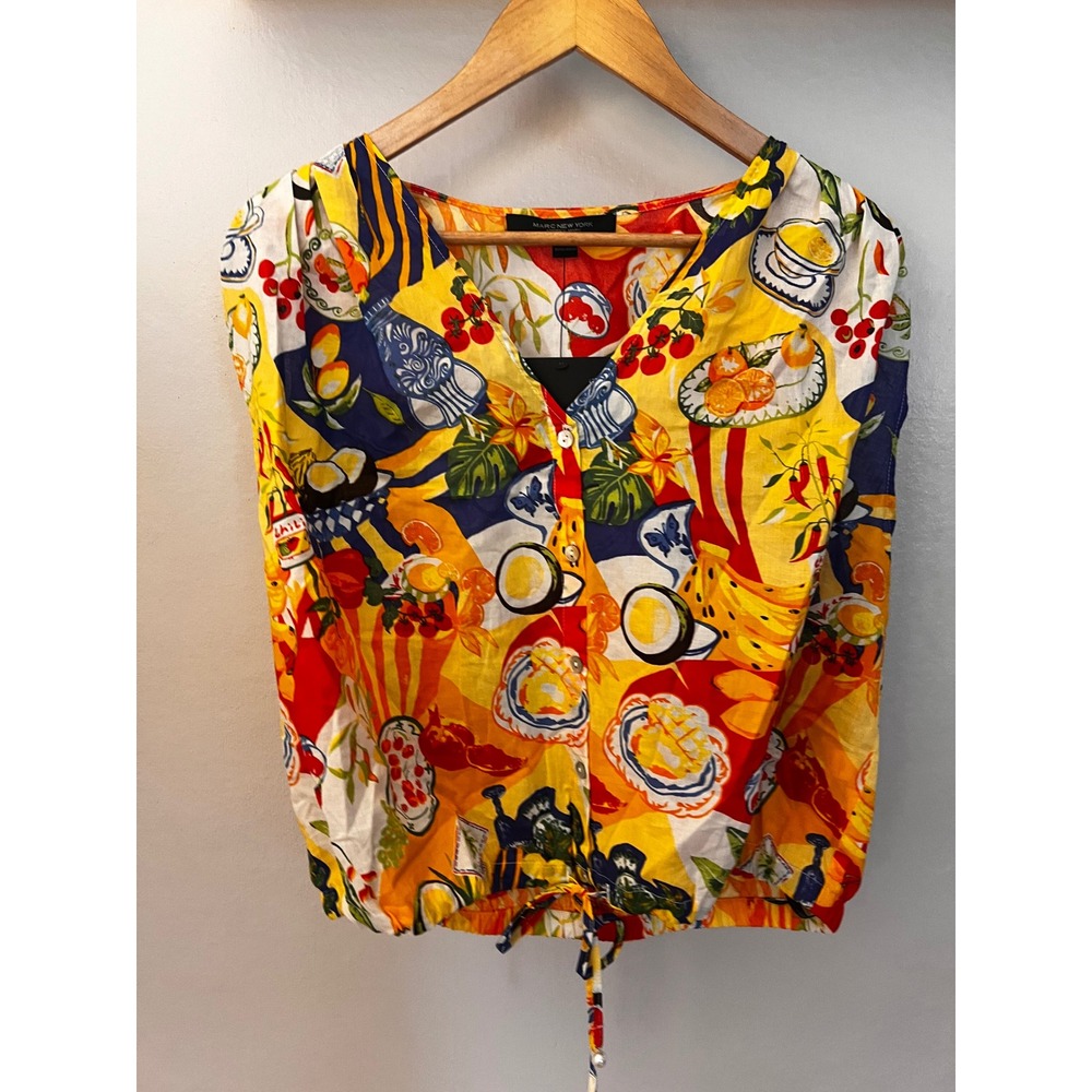 Marc New York Andrew Marc Fruit Print Fair Cotton Blouse Drawstring Top NEW L